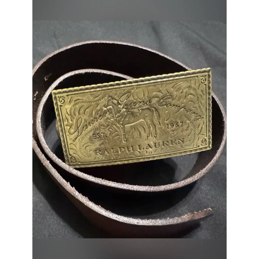 Ralph Lauren Brown brown Leather Belt Engraved western brass Brass Buckle M